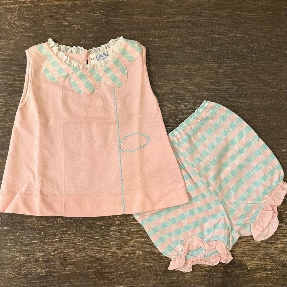 VTG Carter’s 60s/70s Baby/Toddler 4T Set Girls Gingham Summer Outfit Pink Blue - Picture 2 of 9